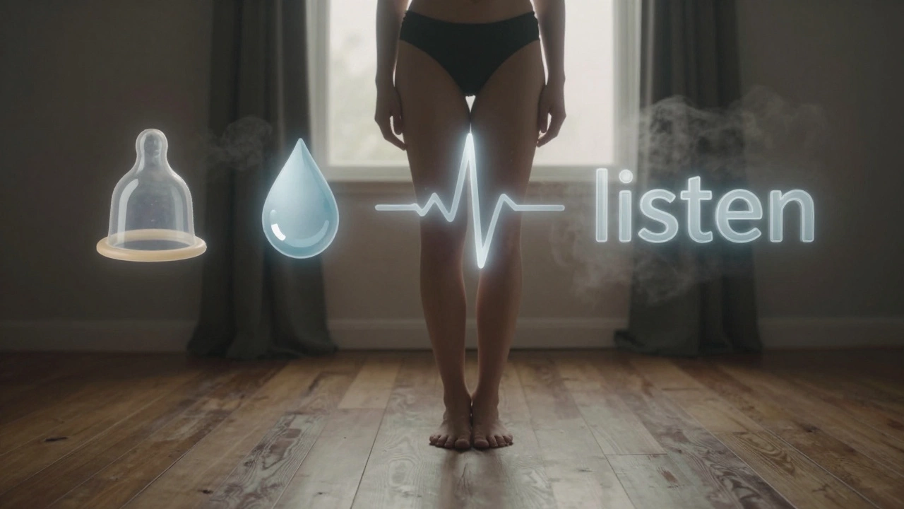 A figure standing barefoot surrounded by floating symbols of self-care at dawn.