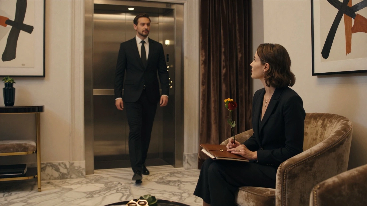 A professional woman waiting respectfully in a luxury hotel lobby in Paris.