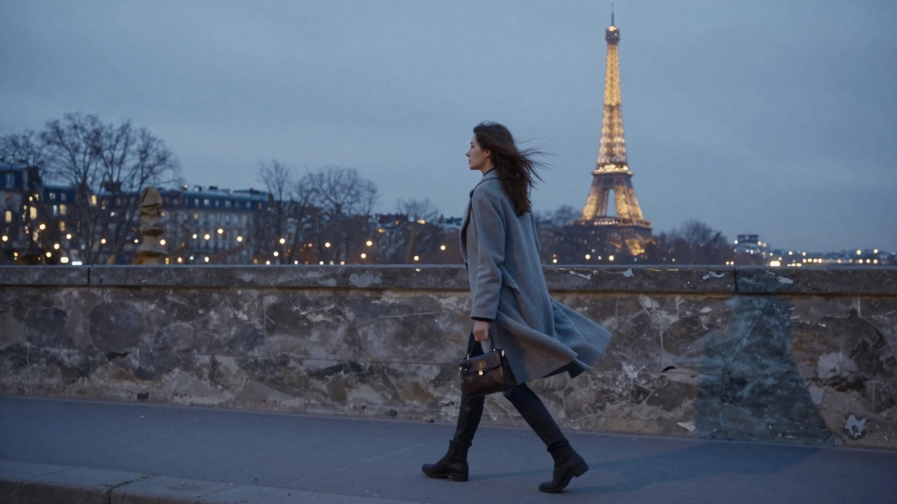 A woman walking alone along the Seine at twilight with the Eiffel Tower in the distance.